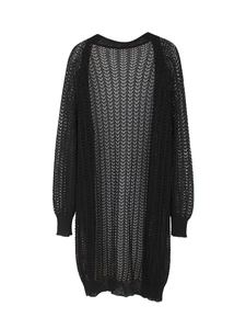 Close-up of black long-sleeve knit cardigan with hollow crochet mesh texture