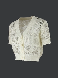 White cropped short sleeve openwork knit cardigan with V-neck and decorative buttons