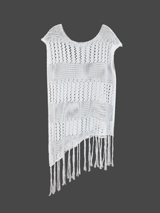 White boho crochet sleeveless top with asymmetric long fringe hem and hollow knit texture