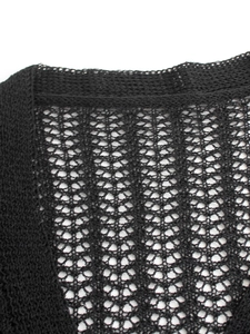Detail of black hollow knit cardigan showing the diamond mesh texture and neckline