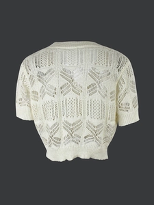 Short sleeve hollow knit cardigan in cream white showing the detailed back view pattern