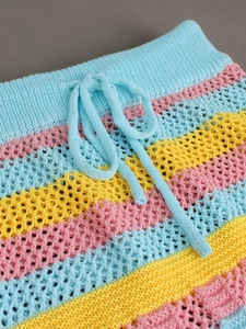 Women's colorful crochet knit skirt with striped pattern and waist drawstring