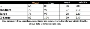 Size chart for women's knit beach skirt showing waist, hip, length, and weight metrics