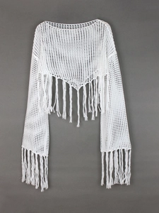 Cache-maillot de plage blanc au crochet avec longues franges et style bohème ajouré