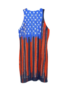 Women's V-neck hollow out knit dress featuring American flag stars and stripes pattern