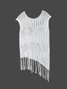Bohemian white crochet sleeveless dress with hollow knit pattern and long fringe hemline