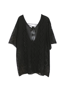 Women's black crochet hollow out short sleeve top with V-neck tie back for beach vacation