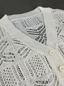 White knit hollow-out short cardigan with V-neck and crochet texture detail