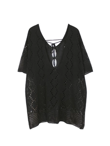 Loose black crochet V-neck beach cover-up with hollow knit diamond pattern and ties