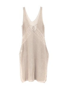Robe de plage beige en crochet sans manches avec col en V et motifs géométriques ajourés