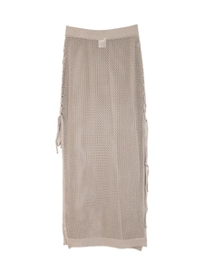 Beige knit mesh maxi skirt with side slit and tassel details for beach vacation wear