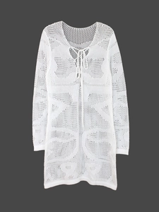 White long sleeve knitted hollow out dress with deep V-neck and drawstring for beach vacations