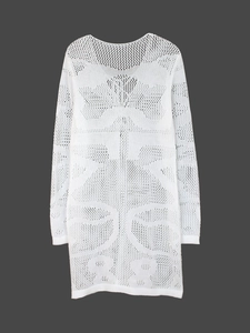 White crochet knit dress with long sleeves and hollow butterfly patterns for beach