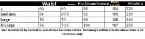 Size chart table for women's knit beach trousers with waist and hip measurements