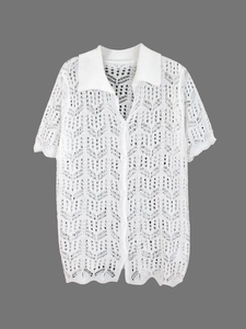 Gilet tricoté blanc à manches courtes pour femme avec motifs géométriques ajourés