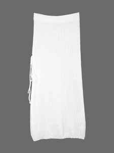 White crochet knit maxi skirt for women featuring side drawstring and side slit detail