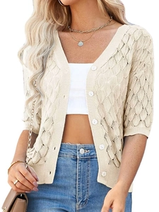 Women Casual V-Neck Short Knit Cardigan Hollow Out Leaf Pattern Button Up Short Sleeve Sweater Top Beach Vacation Outerwear