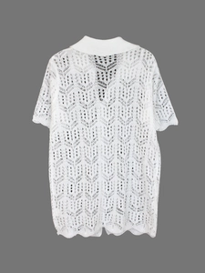 Gilet blanc à manches courtes en maille crochetée géométrique avec col à revers