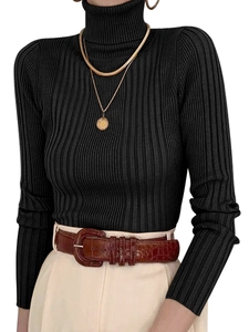 Women's black turtleneck long sleeve sweater with vertical ribbed knit and slim fit design