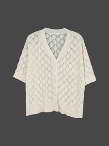 Creamy beige V-neck knitted cardigan with hollow leaf pattern and round buttons