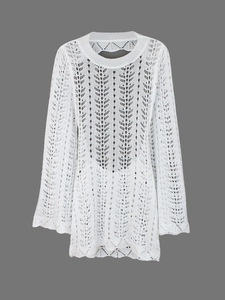 White crochet knit long sleeve dress with vertical hollow-out design for summer beachwear