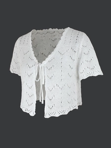 Cárdigan de Punto de Ganchillo Calado para Mujer Casual Cuello en V con Lazada Manga Corta Salida de Baño de Playa Top