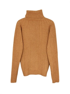 Classic turtleneck long sleeve sweater in caramel brown with vertical ribbed knit texture