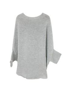 Detailed texture of light grey chunky knit sweater with round neck and batwing sleeve