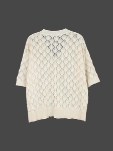 Short-sleeve hollow-out knit cardigan with V-neck in creamy white for summer wear
