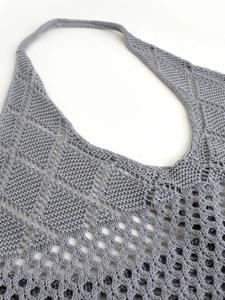Grey hollow knit dress with diamond crochet pattern for summer beach vacations