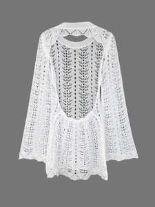 White openwork crochet mini dress with geometric patterns and backless design for beachwear