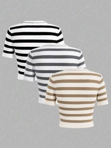 Ensemble de trois crop tops en tricot rayés à manches courtes pour femmes en couleurs neutres