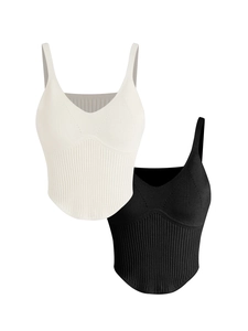 Eng anliegende Strick-V-Ausschnitt-Tops für Damen in Schwarz-Weiß-Rippstrick