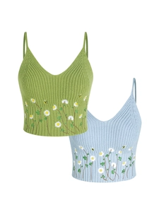 Knitted camisole 2-piece set in green and blue with daisy and bee embroidery