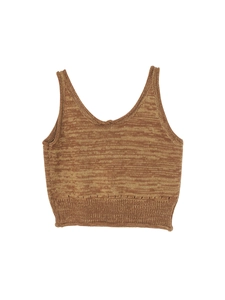 Haut court en tricot marron à col en V pour femme avec ourlet côtelé et texture vintage