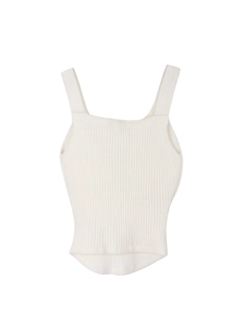 Weißes gestricktes Camisole-Top mit breiten Trägern und abgerundetem Saum in Rippoptik