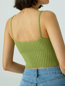Slim fit grass green knitted camisole with ribbed texture and thin shoulder straps