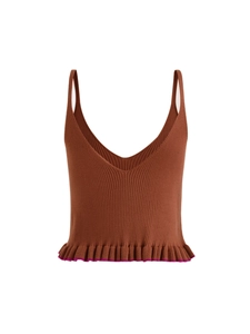 Brown rib-knit camisole top with V-neckline and ruffled hem featuring purple contrast trim