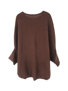 Detailed view of brown knit sweater featuring wide flare sleeves and soft textured fabric