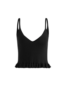 Women's chic black knitted camisole top with deep V-neck and elegant ruffled hem detailing
