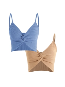 Women's knitted twist crop top set in blue and beige with vertical ribbed texture
