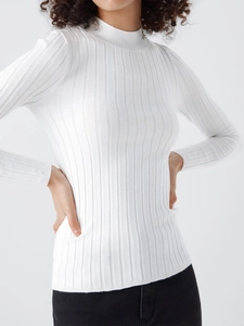 Slim fit white mock neck ribbed knit long sleeve top for women in casual autumn style