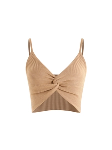 Women's two-piece knit twist-front camisole crop top set in khaki rib-knit fabric