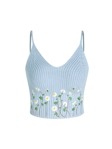 Light blue knitted crop top with daisy and bee embroidery in a ribbed floral style