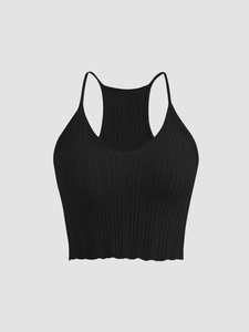 Slim fit black ribbed knit tank top with delicate straps for summer casual wear