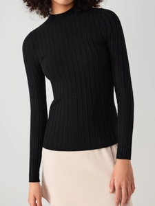 Slim fit black ribbed knit sweater with mock neck and long sleeves for women