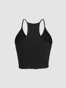 Detail view of black ribbed knit racerback crop top showing high neck and slim fit design