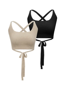 Two-piece ribbed knit crop tops with crossover straps and self-tie bow in beige and black