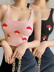 Women's slim fit square neck knit crop tank top featuring cute 3D mushroom decoration
