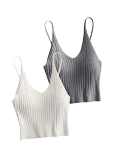 Women V Neck Ribbed Knit Camisole Tops Sleeveless Cropped Basic Vest White And Grey Casual Summer Sexy Innerwear